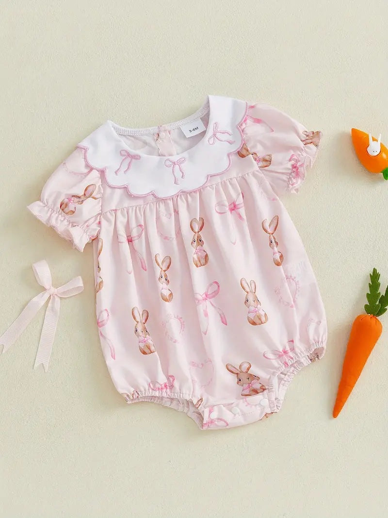 Baby Girls Short Sleeve Bows Rabbits Easter Ruffle Collar Rompers Preorder
