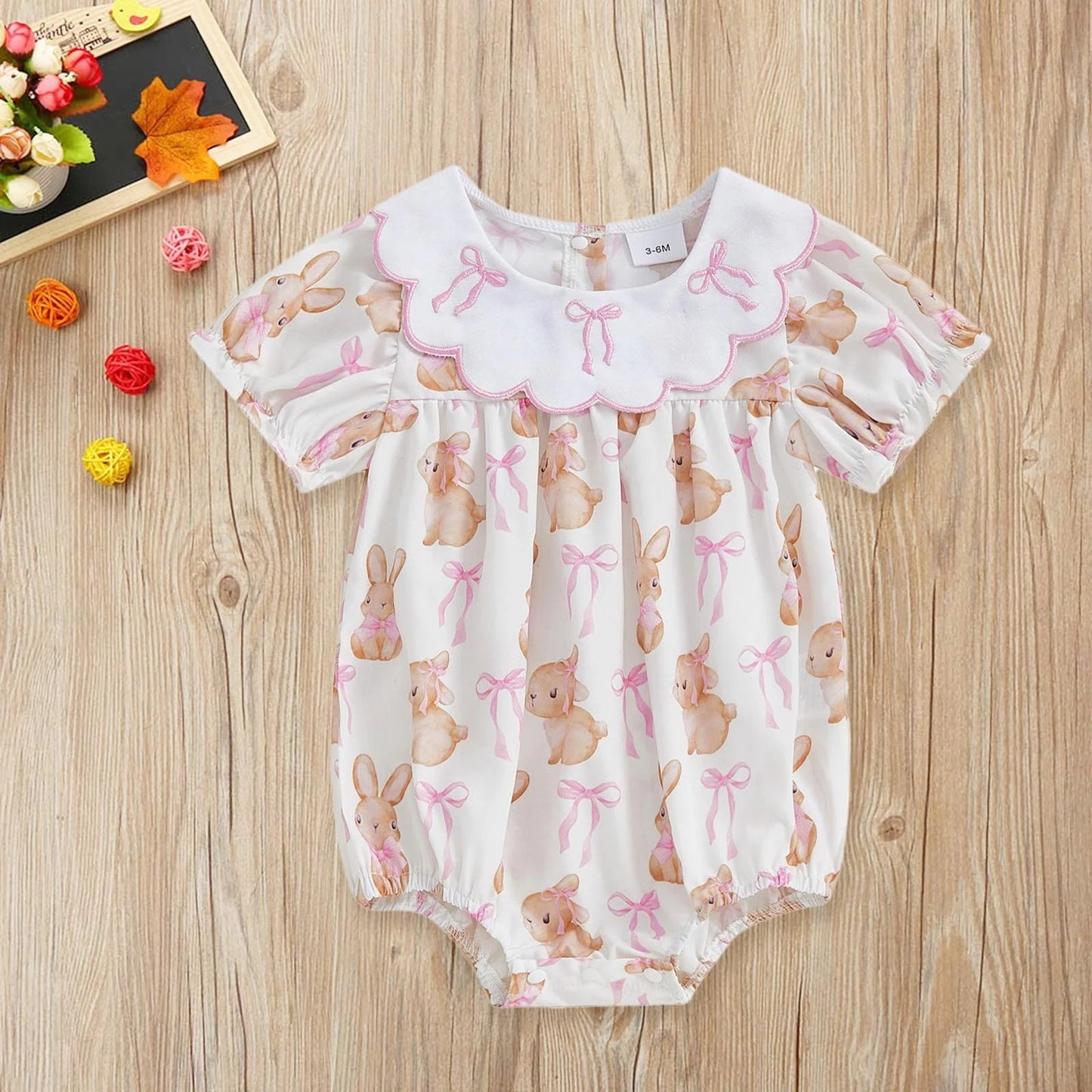 Baby Girls Short Sleeve Bows Rabbits Easter Ruffle Collar Rompers Preorder