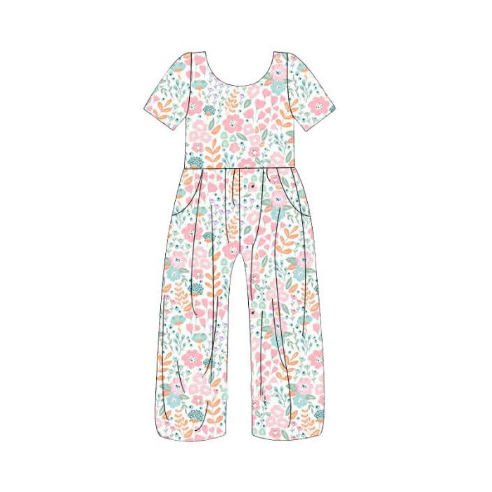 Baby Girls Short Sleeve Pink Flowers Pockets Jumpsuits Preorder