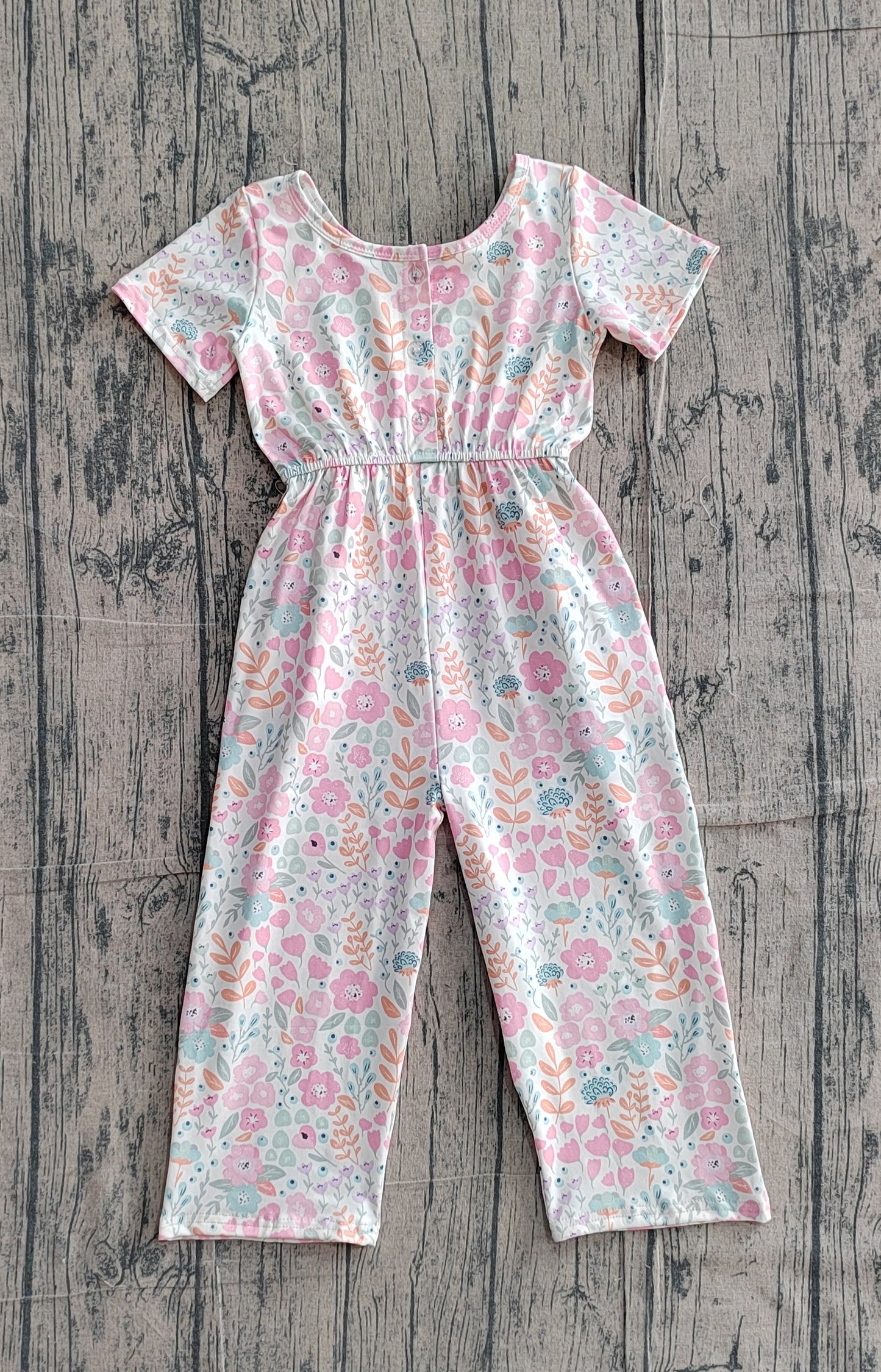 Baby Girls Short Sleeve Pink Flowers Pockets Pant Jumpsuits