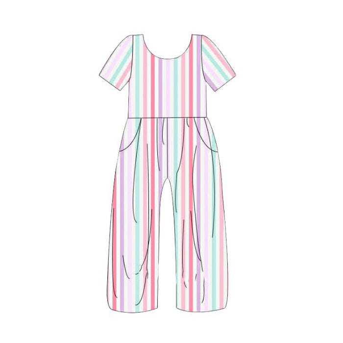 Baby Girls Short Sleeve Colorful Stripe Pockets Jumpsuits Preorder
