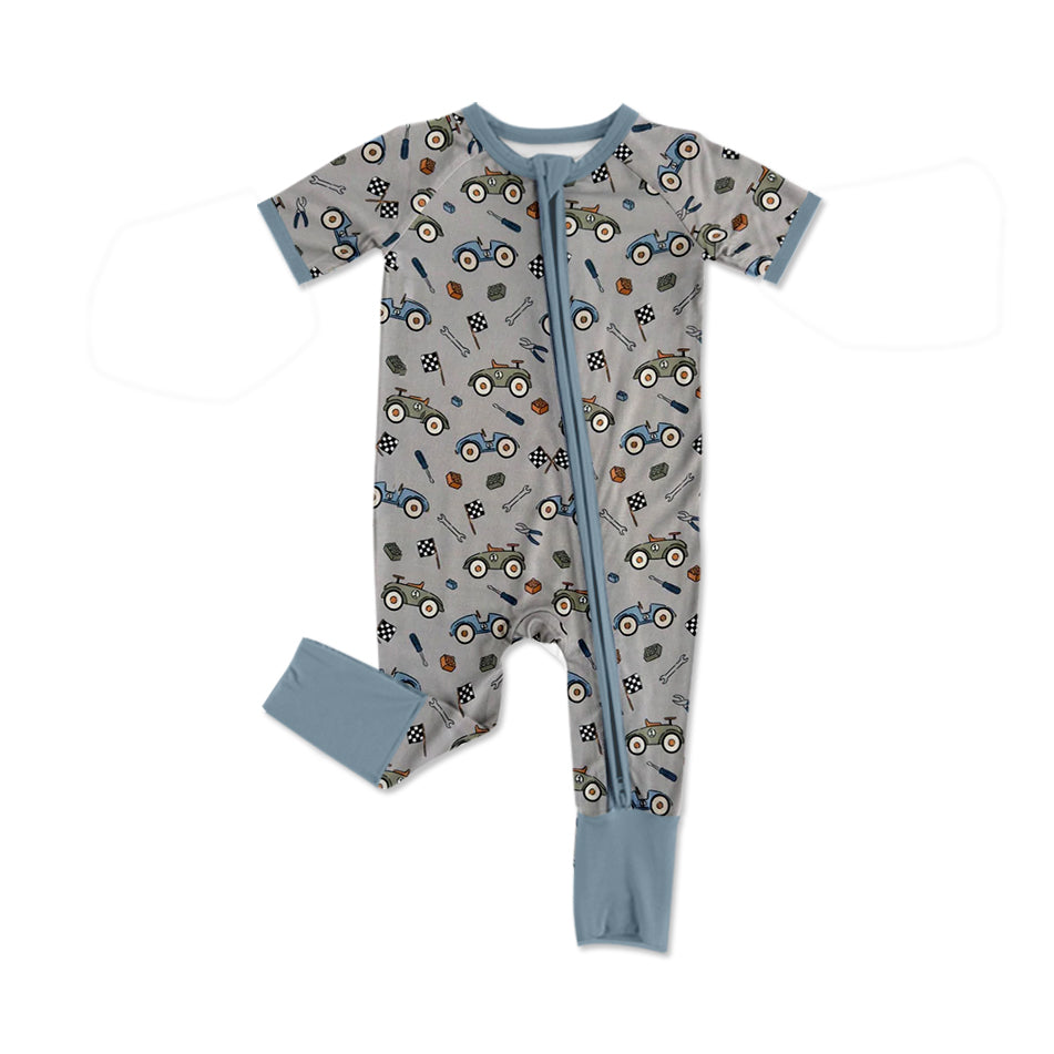 Baby Boys Motors Flags Two Way Zipper Convertible Rompers Preorder