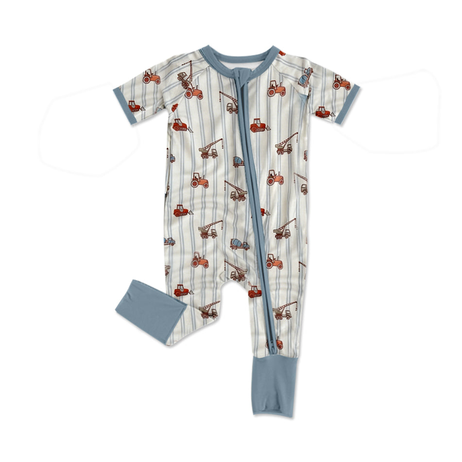 Baby Boys Blue Stripe Excavators Two Way Zipper Convertible Rompers Preorder