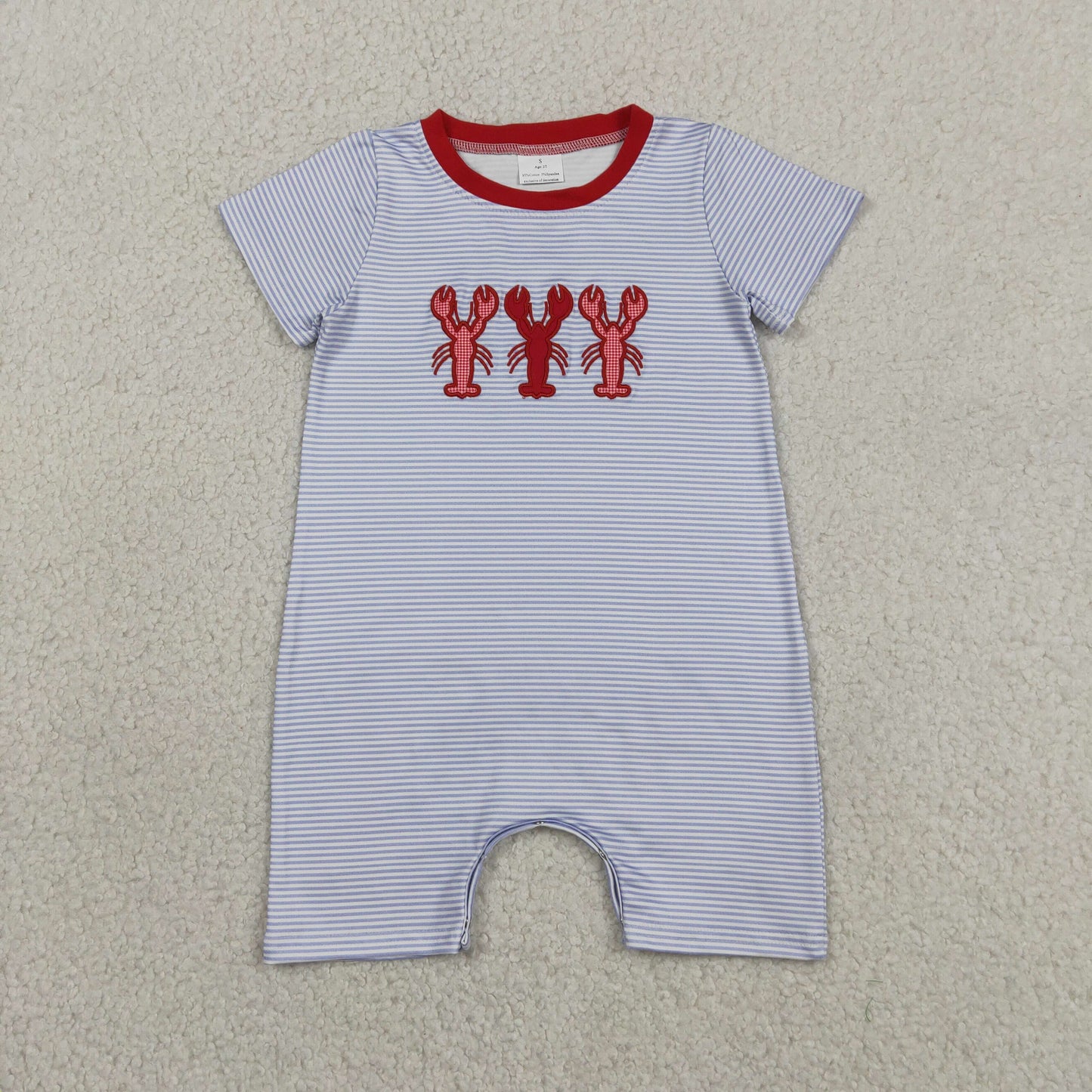 Embroidery Crayfishes Baby Boys Short Sleeve Blue Stripe Shorts Rompers