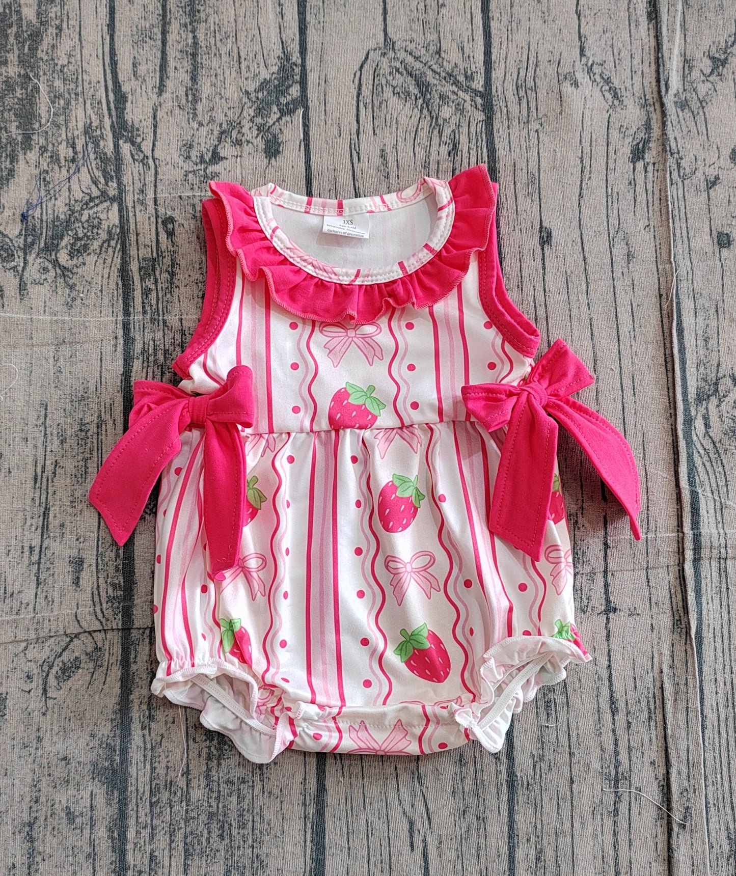 Baby Girls Sleeveless Strawberry Bows Stripe Ruffle Rompers