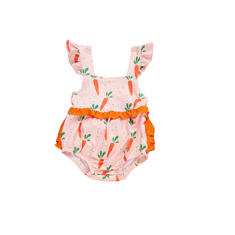Baby Girls Flutter Sleeve Flower Carrots Easter Ruffle Rompers Preorder