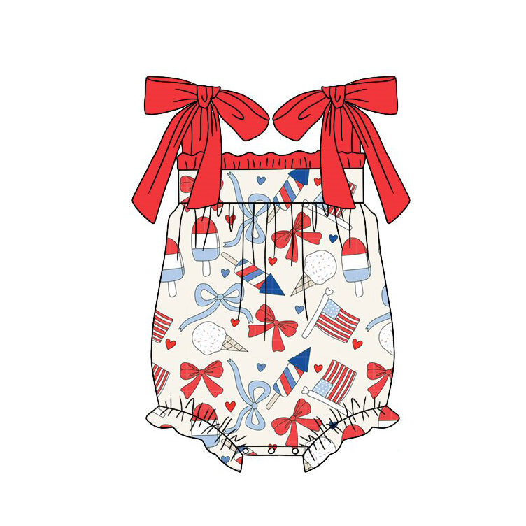 Baby Girls Strap Red Blue Bows Popsicle 4th of July Ruffle Rompers Preorder
