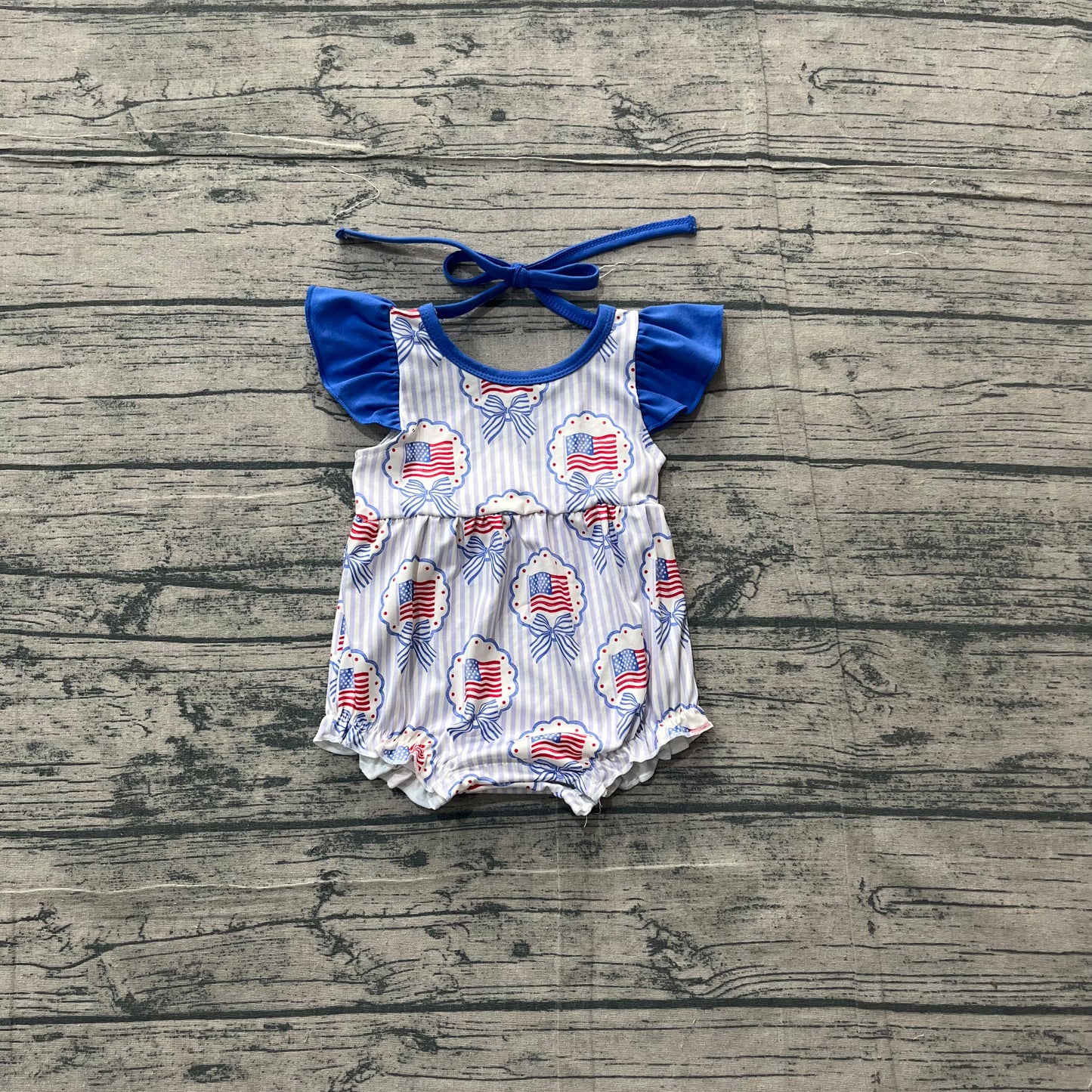 Baby Girls Flutter Sleeve Stripe Bows Flags 4th of July Ruffle Rompers
