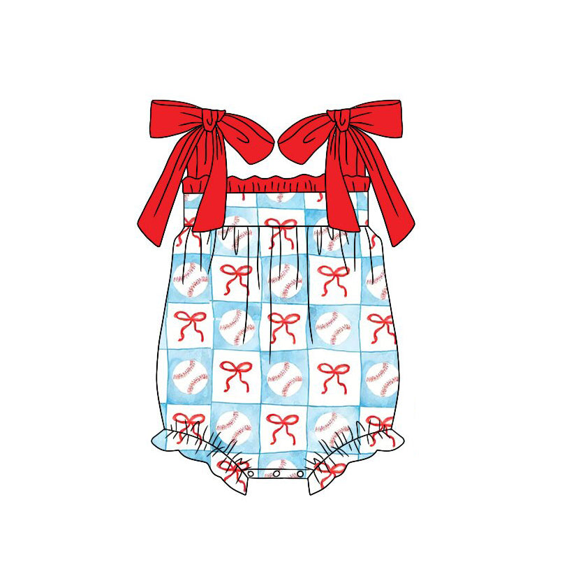 Baby Girls Strap Bows Baseballs Checked Team Ruffle Rompers Preorder
