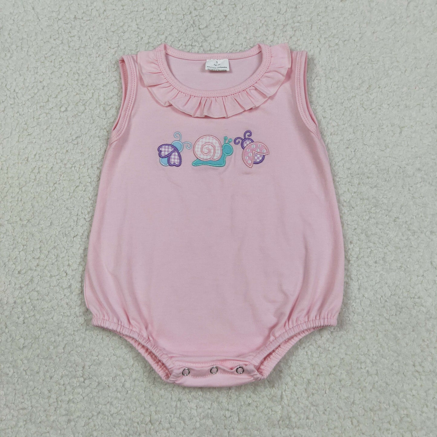 Embroidery Ladybirds Snails Baby Girls Sleeveless Ruffle Rompers