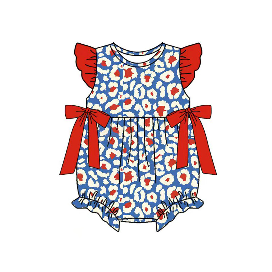 Baby Girls Flutter Sleeve Red Blue Leopard 4th of July Ruffle Rompers Preorder