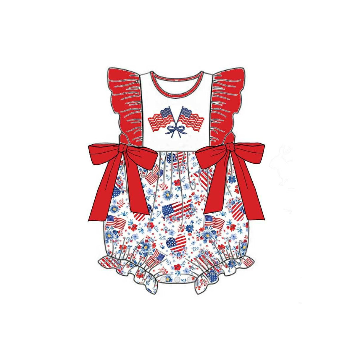 Baby Girls Flutter Sleeve Bows Flags 4th of July Ruffle Rompers Preorder