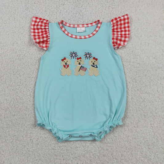 Embroidery Dogs Flags Baby Girls Flutter Sleeve 4th of July Ruffle Rompers
