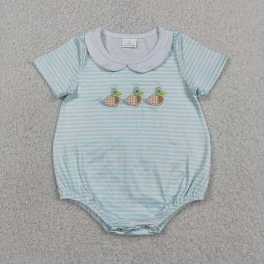 Embroidery Ducks Baby Boys Short Sleeve Collar Hunting Stripe Rompers