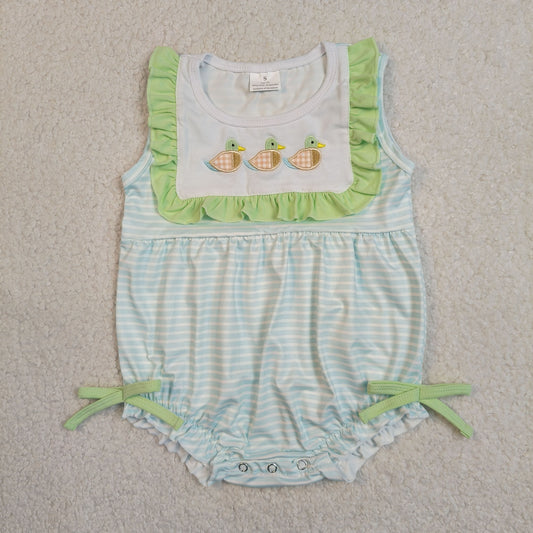 Embroidery Ducks Baby Girls Sleeveless Stripe Hunting Ruffle Rompers