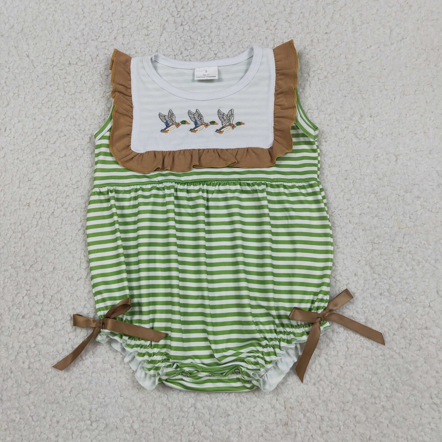 Embroidery Ducks Baby Girls Sleeveless Green Stripe Ruffle Rompers