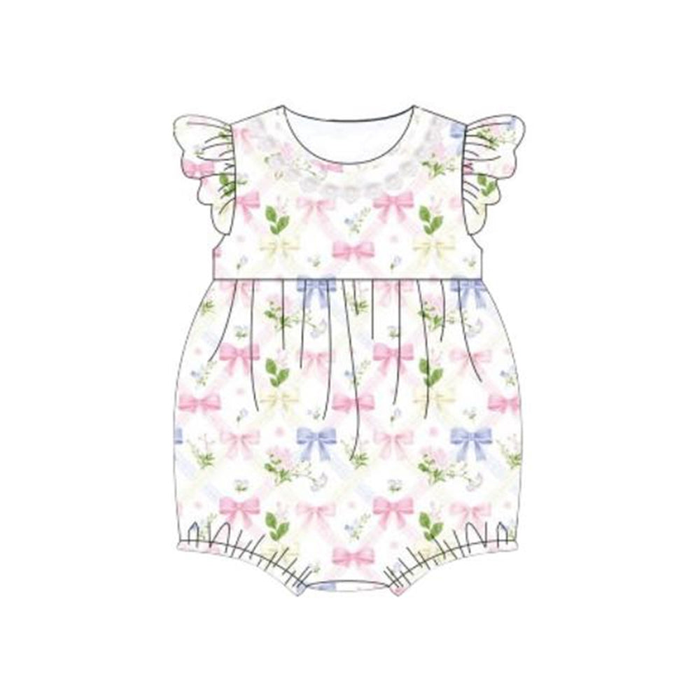 Baby Girls Flutter Sleeve Colorful Flowers Bows Plaid Ruffle Rompers Preorder