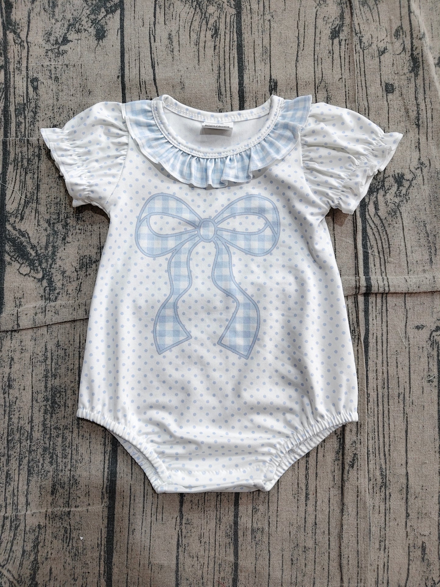 Baby Girls Short Sleeve Blue Polka Dots Bows Ruffle Rompers