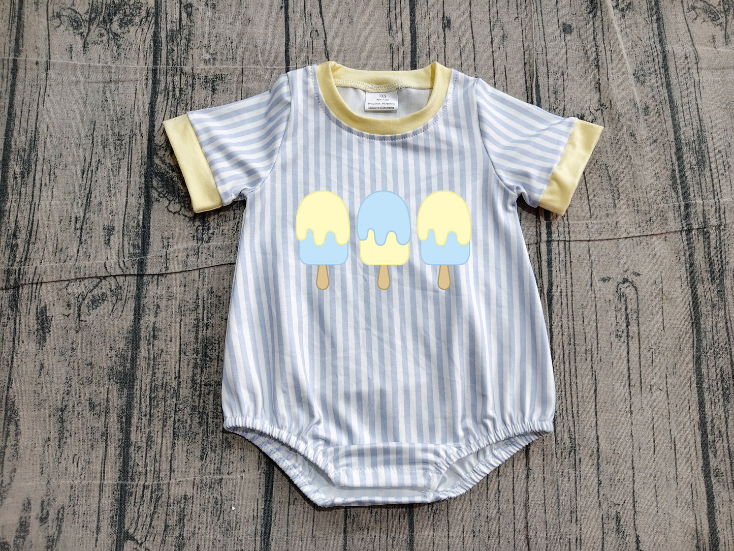 Embroidery Popsicle Baby Boys Short Sleeve Blue Stripe Rompers Preorder