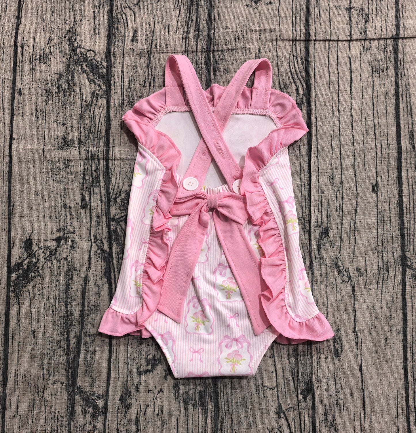 Baby Girls Pink Strap Flowers Back Bows Ruffle Rompers Preorder