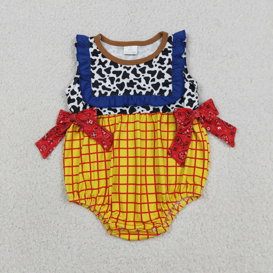 Baby Girls Sleeveless Cow Print Yellow Checked Ruffle Rompers
