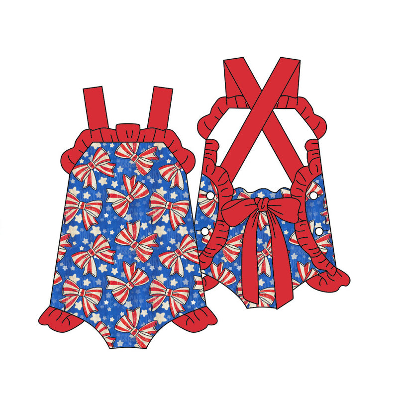 Baby Girls Strap Flags Stars Back Bow 4th of July Ruffle Rompers Preorder