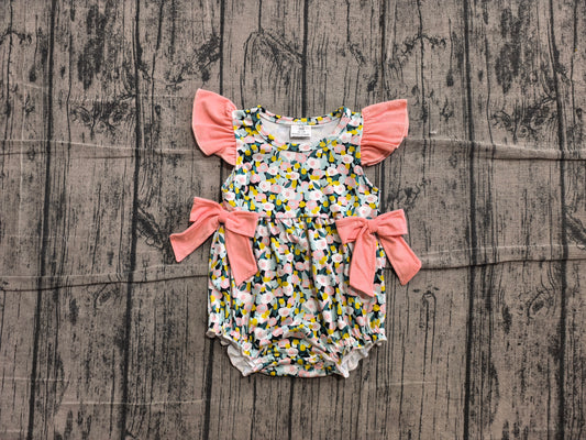 Baby Girls Flutter Sleeve Colorful Flowers Ruffle Rompers