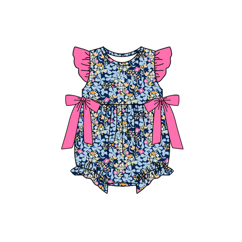 Baby Girls Flutter Sleeve Colorful Flowers Ruffle Rompers Preorder