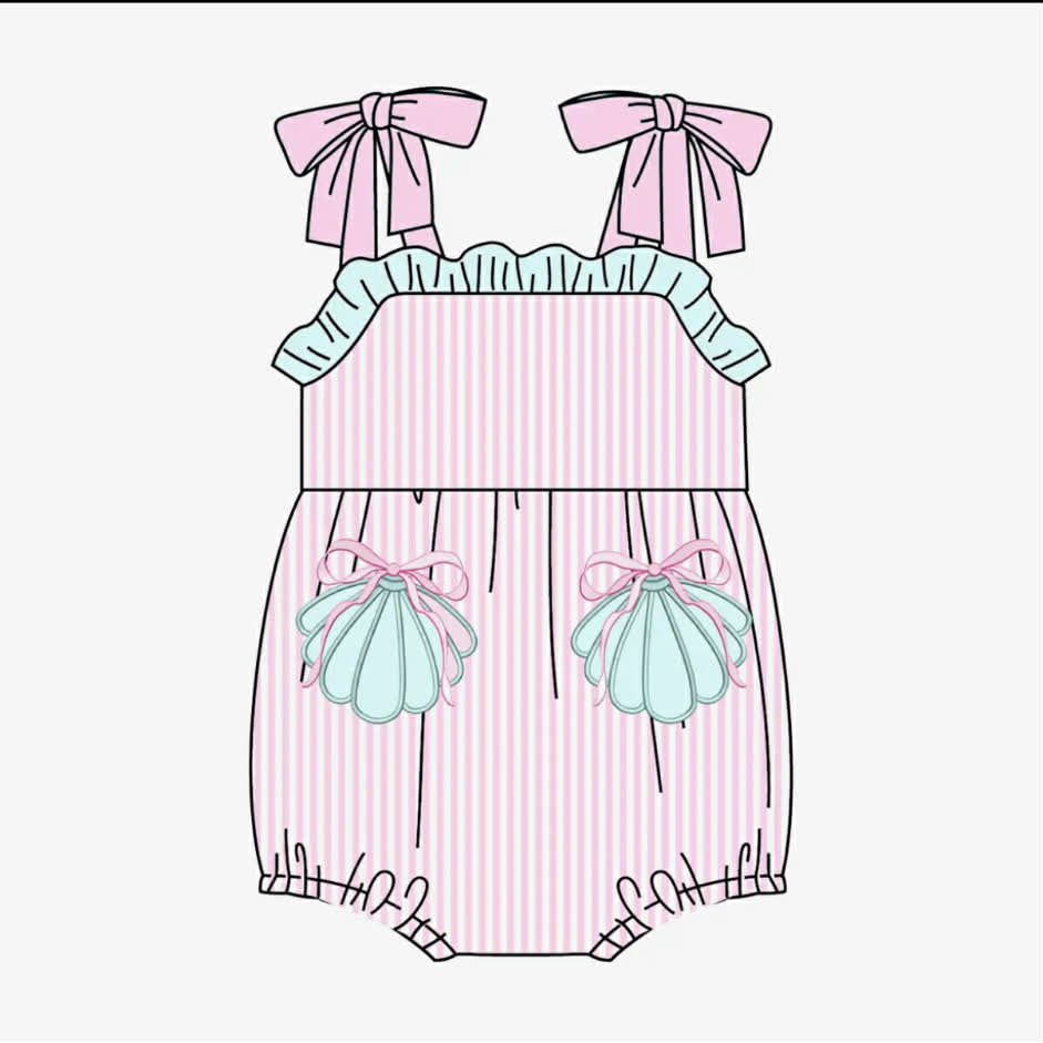 Baby Girls Strap Pink Stripe Bows Pockets Ruffle Rompers Preorder