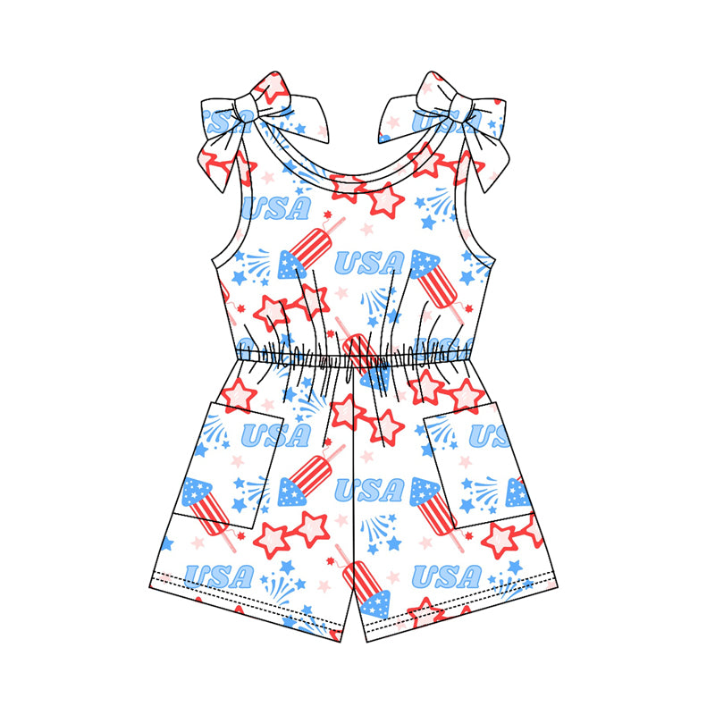 Baby Girls Sleeveless USA Fireworks 4th of July Pockets Jumpsuits Preorder