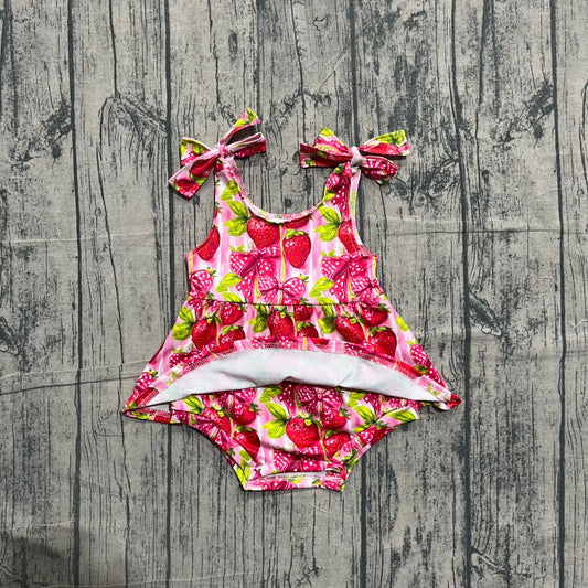 Baby Girls Strap Bows Strawberry Tunic Ruffle Rompers Preorder