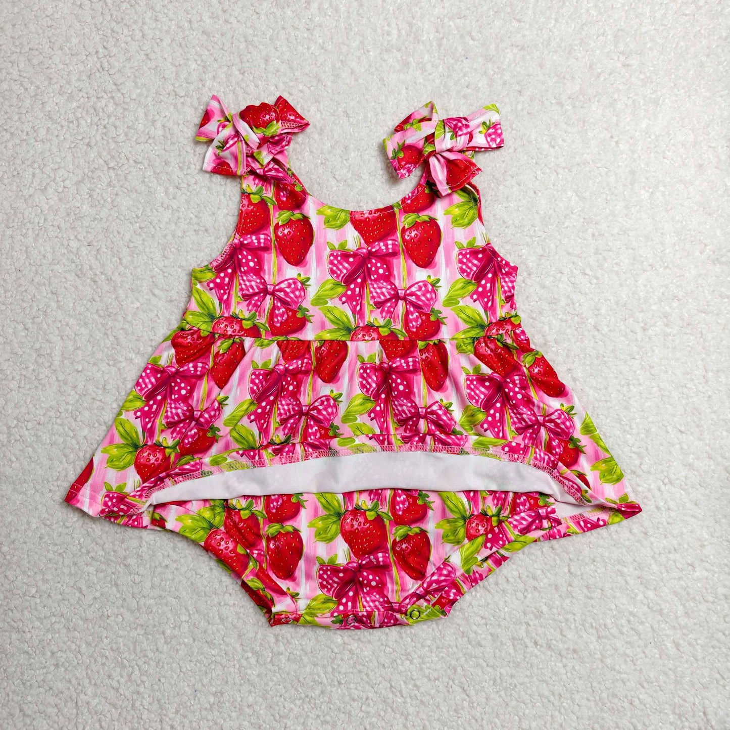 Sibling Baby Girls Bows Strawberry Strap Ruffle Knee Length Dress Tunic Bummies Rompers