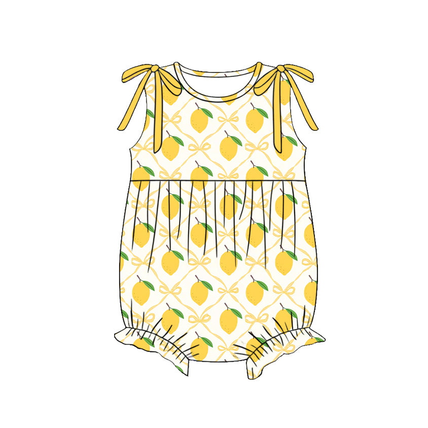Baby Girls Sleeveless Bows Lemons Checked Ruffle Rompers Preorder