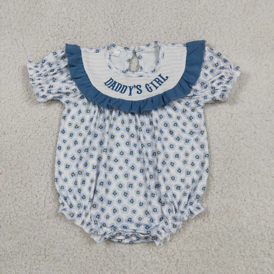 Smocked Daddy's Girl Blue Flowers Ruffle Rompers