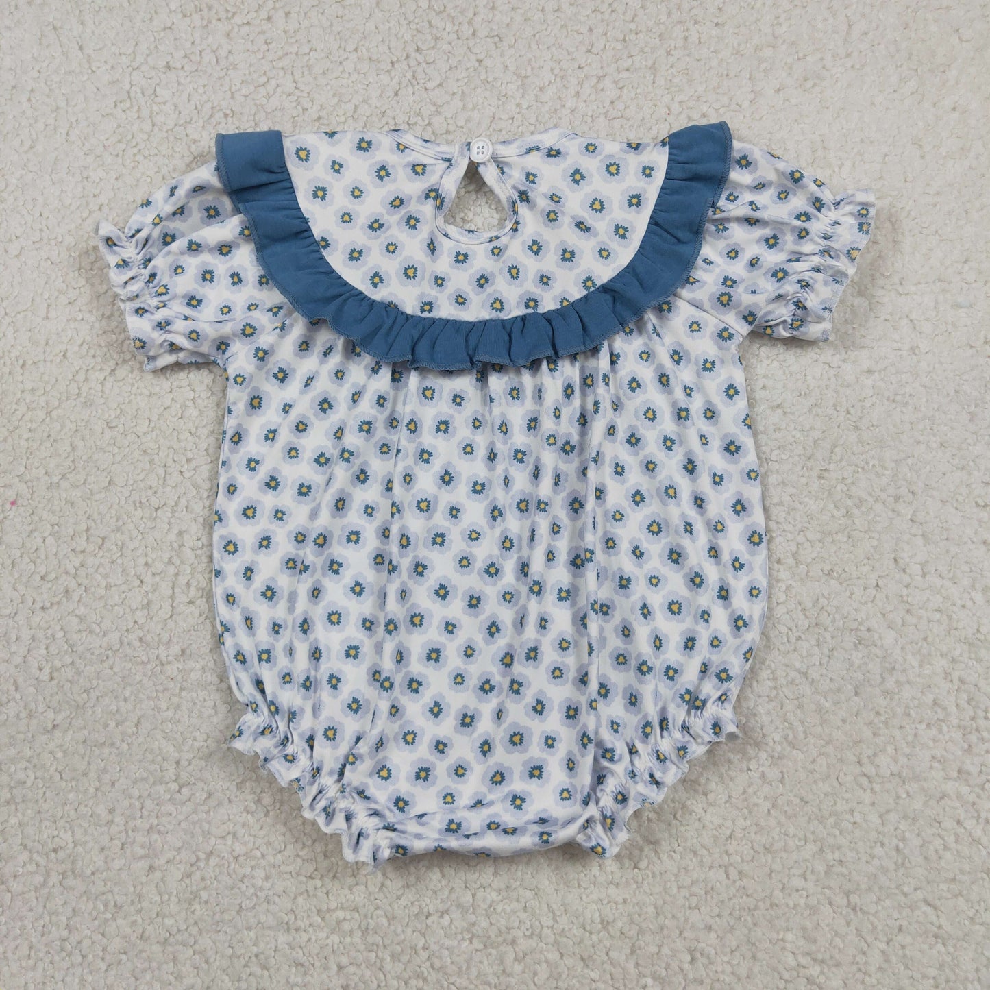 Smocked Daddy's Girl Blue Flowers Ruffle Rompers