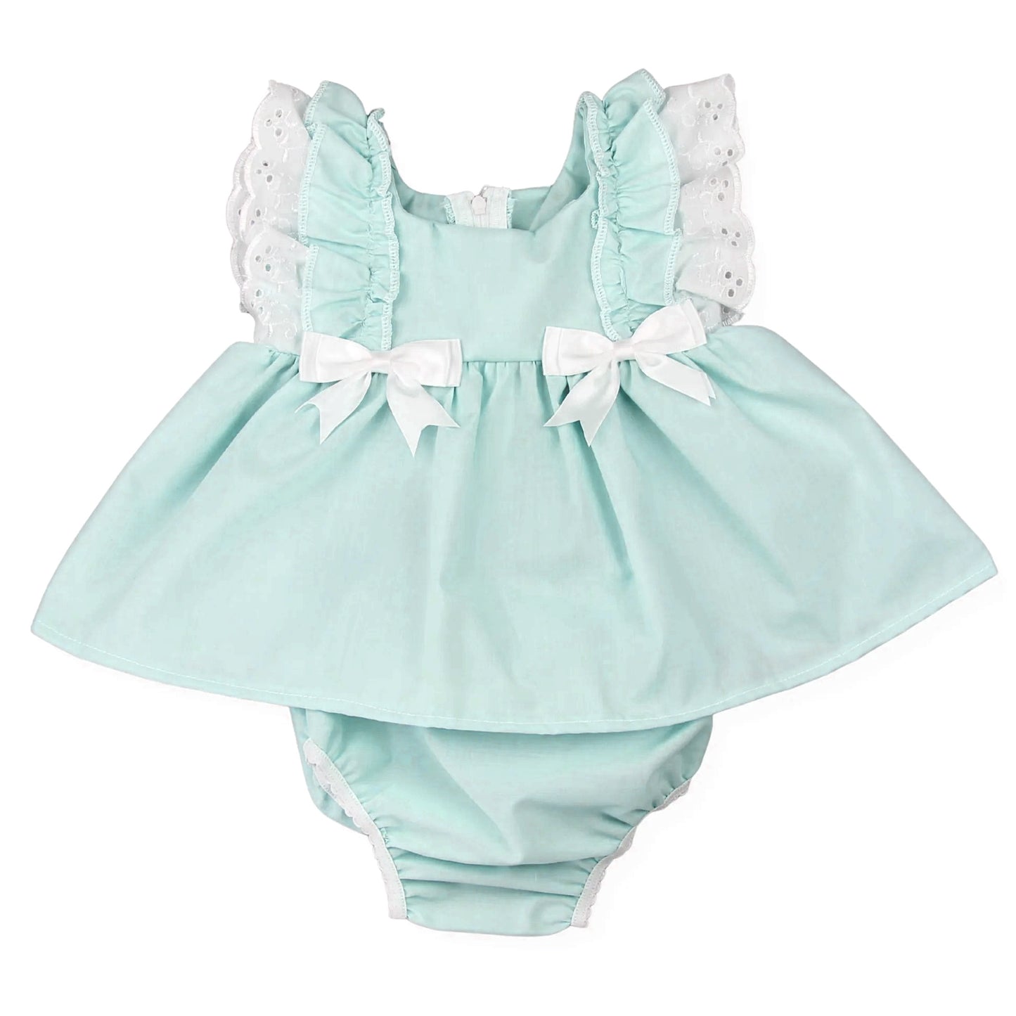 Baby Girls Aqua Flutter Sleeve Bows Tunic Ruffle Rompers Preorder