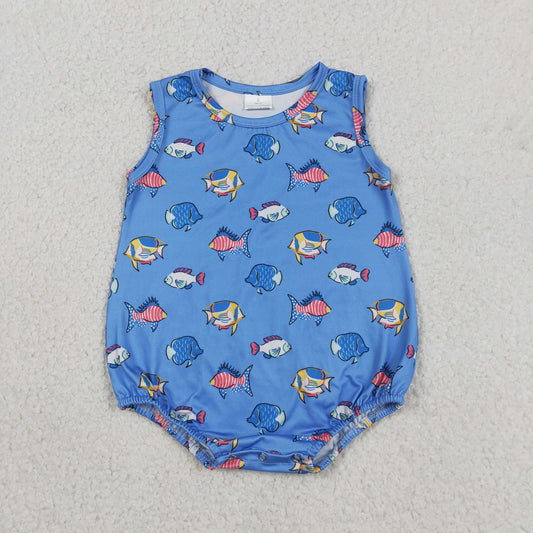 Baby Boys Sleeveless Red Blue Fishes 4th of July Romper