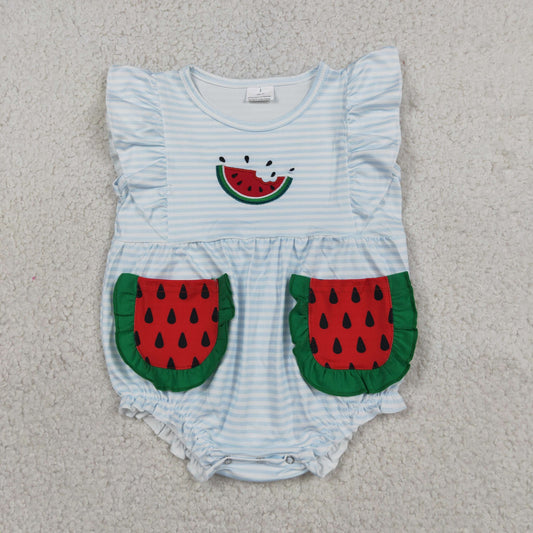Embroidery Watermelon Baby Girls Flutter Sleeve Blue Stripe Pockets Ruffle Romper