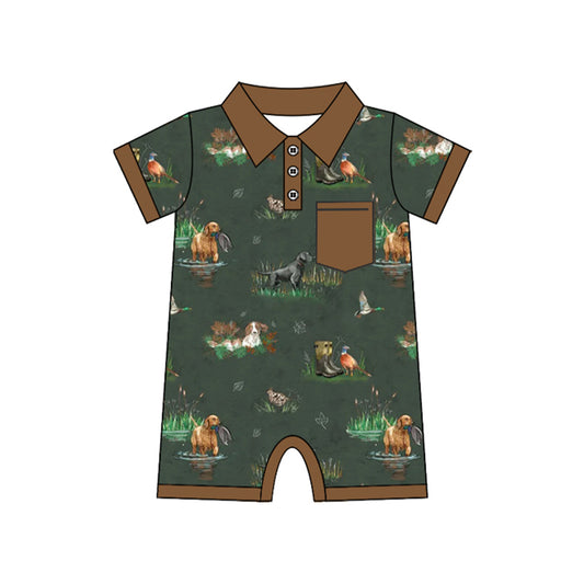 Baby Boys Short Sleeve Ducks Dogs Button Pocket Hunting Romper Preorder