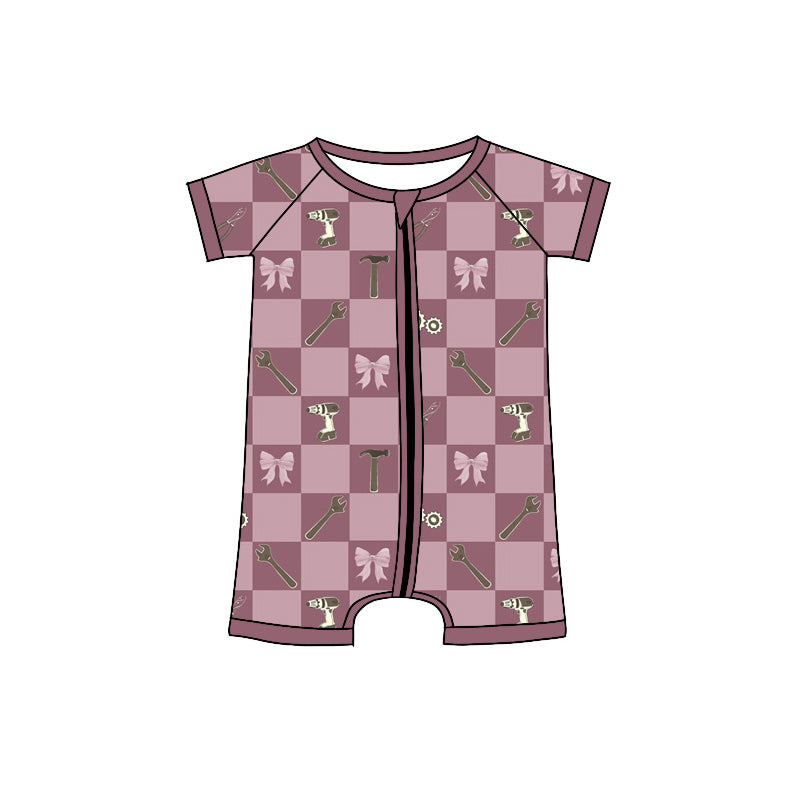 Baby Girls Short Sleeve Red Checked Bows Tools Zipper Romper Preorder