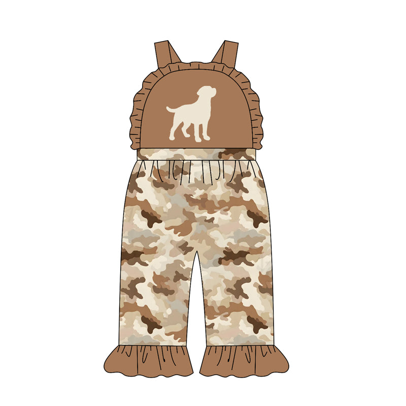 Baby Girls Strap Dogs Khaki Camo Ruffle Pant Hunting Jumpsuits Preorder