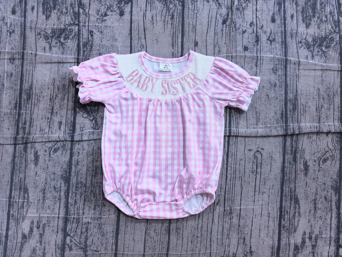 Smocked Baby Sister Short Sleeve Pink Checked Ruffle Rompers Preorder
