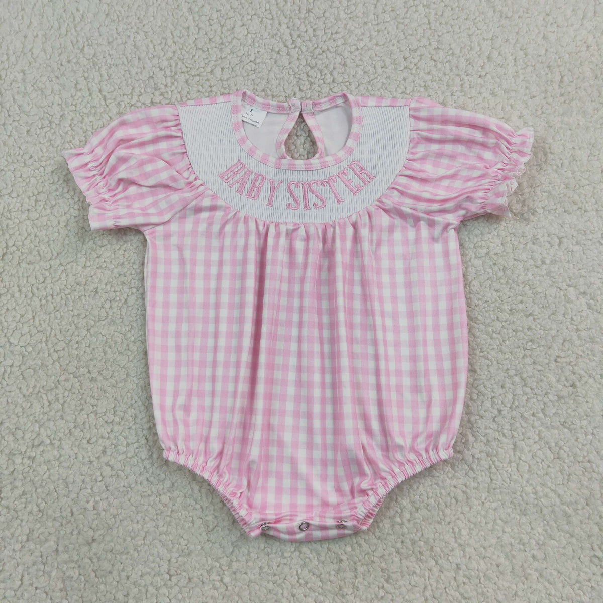 Smocked Baby Sister Short Sleeve Pink Checked Ruffle Rompers