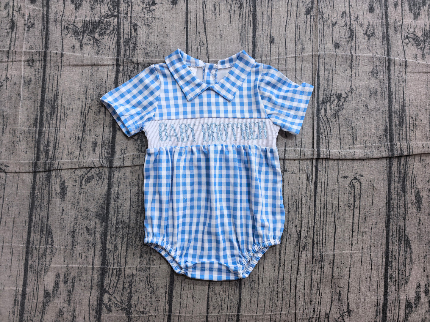 Smocked Baby Brother Short Sleeve Blue Checked Rompers Preorder