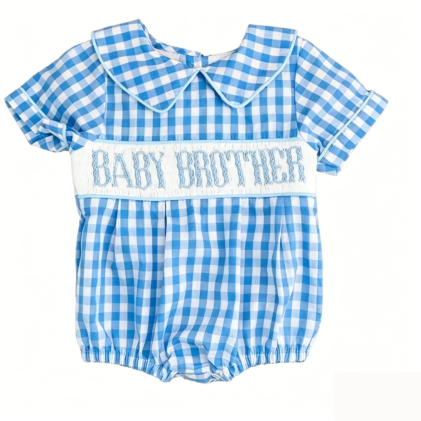 Baby Boys Short Sleeve Blue Checked Baby Brother Rompers Preorder