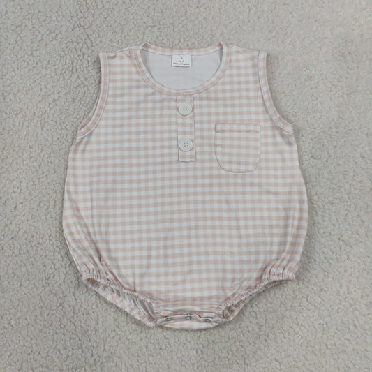 Baby Boys Sleeveless Khaki Checked Button Pocket Rompers