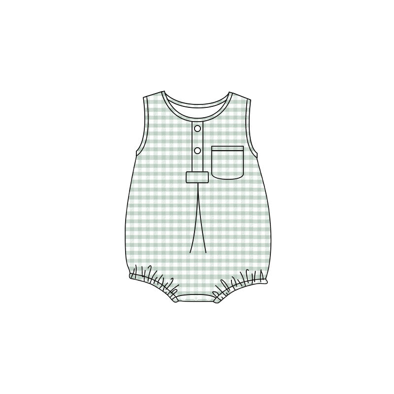 Baby Kids Sleeveless Light Green Checked Button Pocket Rompers Preorder