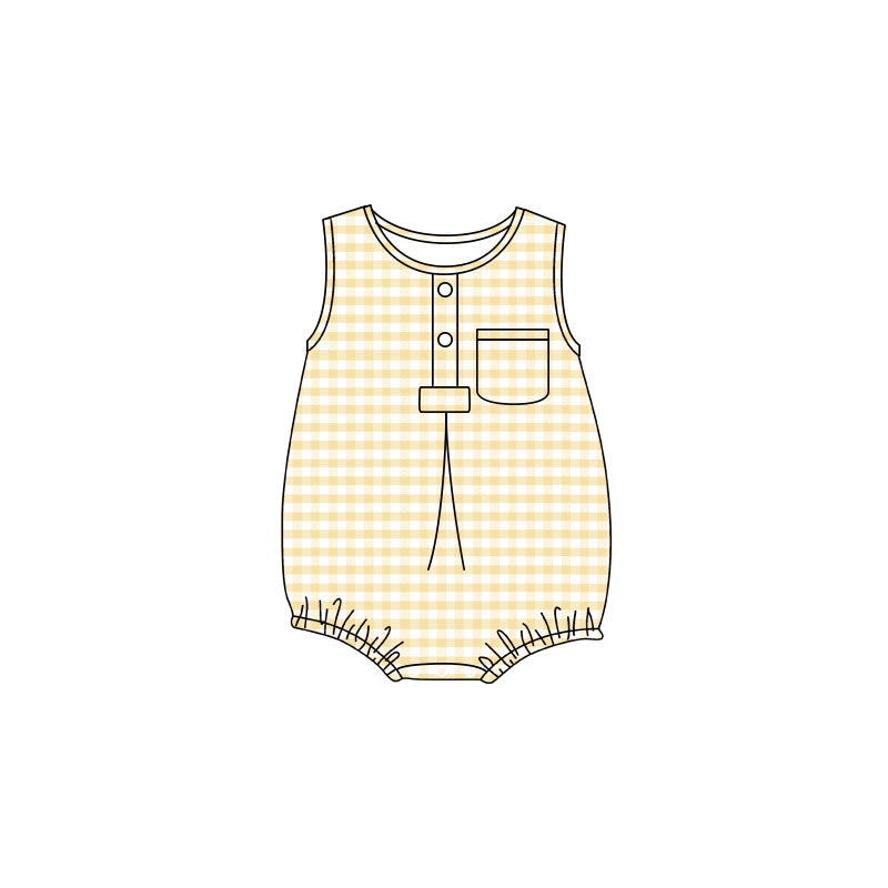 Baby Kids Sleeveless Yellow Checked Button Pocket Rompers Preorder