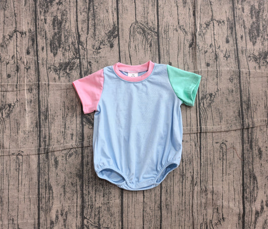 Baby Kids Short Sleeve Pink Blue Green Patchwork Rompers
