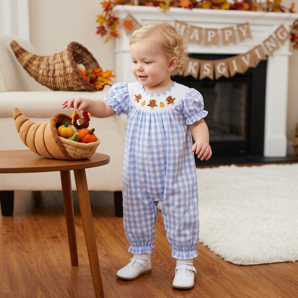 Smocked Turkey Pumpkins Baby Girls Thanksgiving Blue Checked Pant Rompers